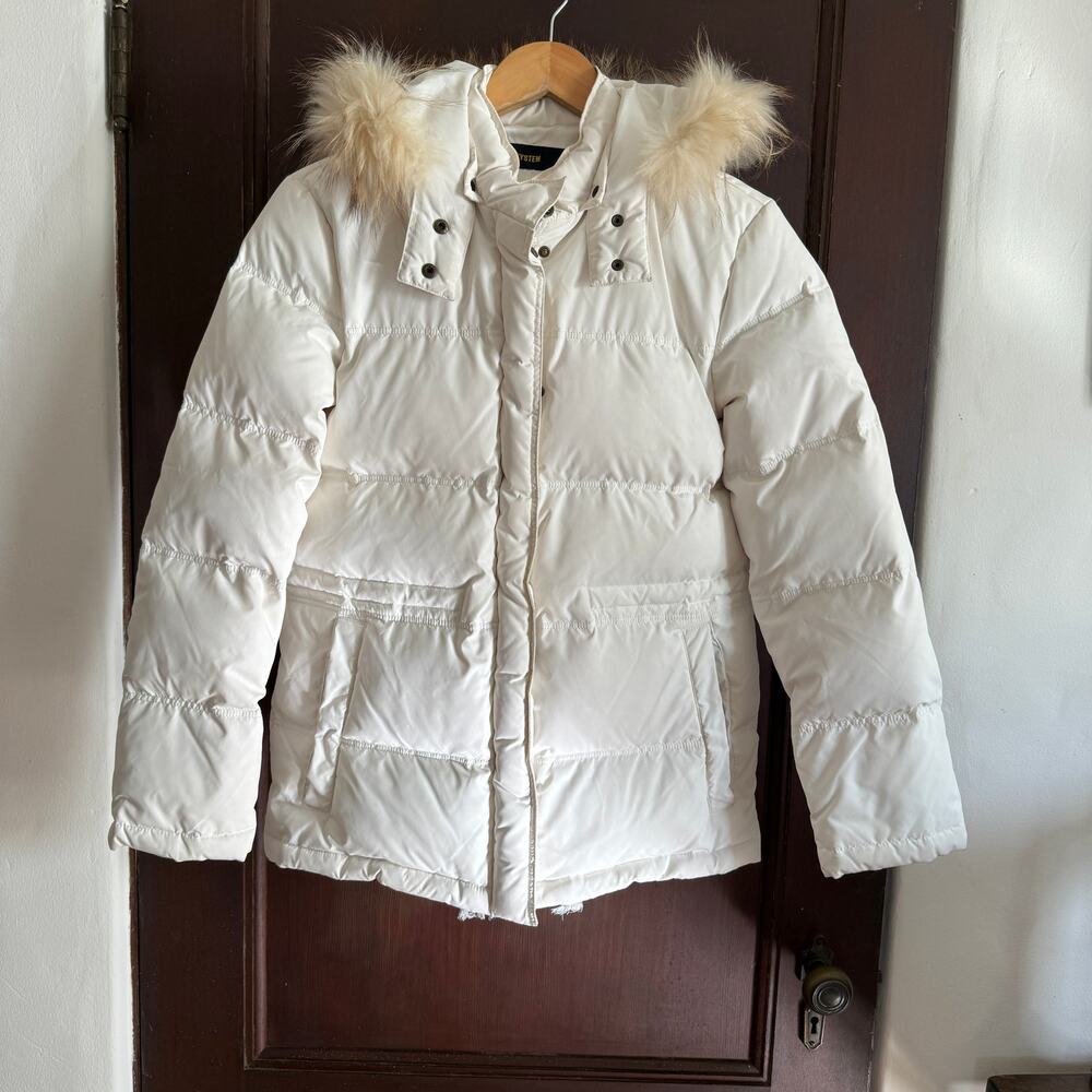 SYSTEM 1990 | White Down Puffer Coat with Fur Trimmed Hood | Small